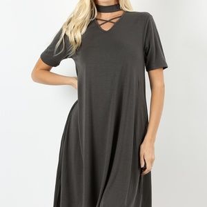 SHORT SLEEVE CHOKER/CRISS CROSS NECK DRESS